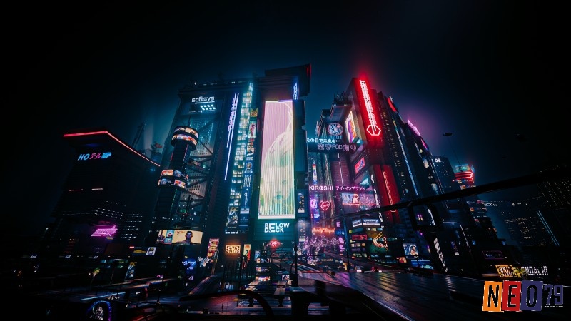 Thành phố Night City rực rỡ ánh đèn neon với thiết kế mới, phương tiện hiện đại và nhân vật chính hành động.